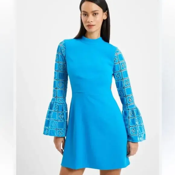 French Connection NWTs Garnet Velvet Lace Sleeve Turquoise Blue Mini Dress 4 - Picture 3 of 12